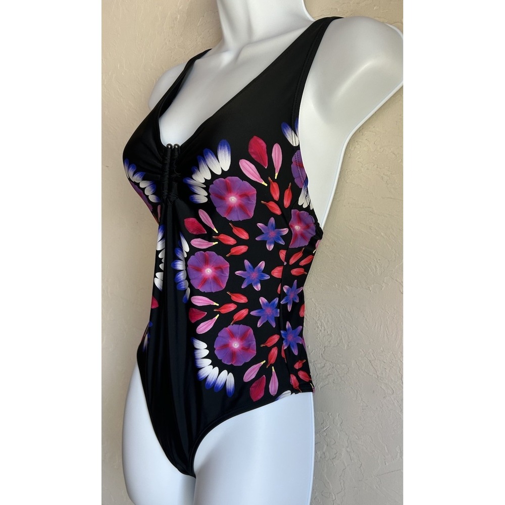 Desigual Nassau One Piece Swimsuit S Black Floral Luxury Resortwear Beach Swim - Picture 2 of 7